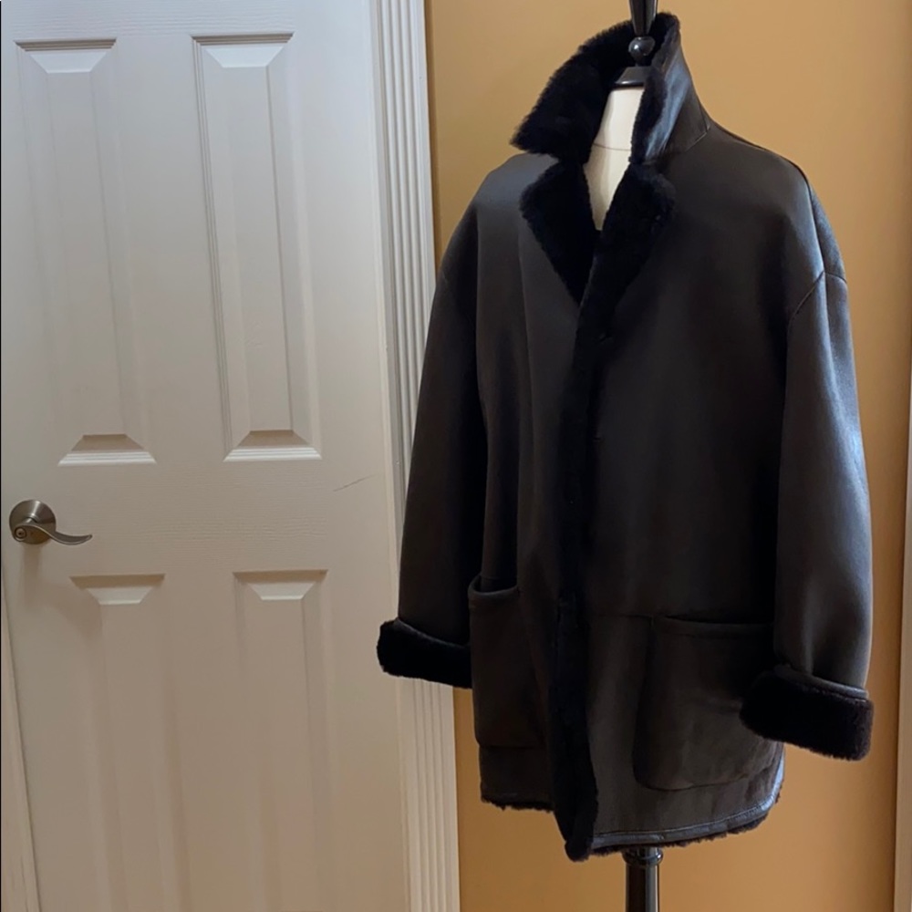 Dark chocolate shearling coat.